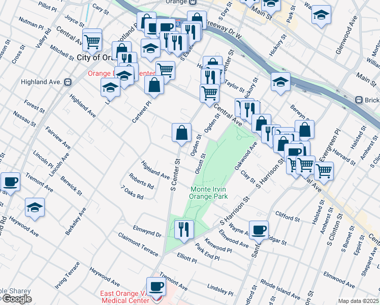 map of restaurants, bars, coffee shops, grocery stores, and more near 343 Ogden Street in City of Orange