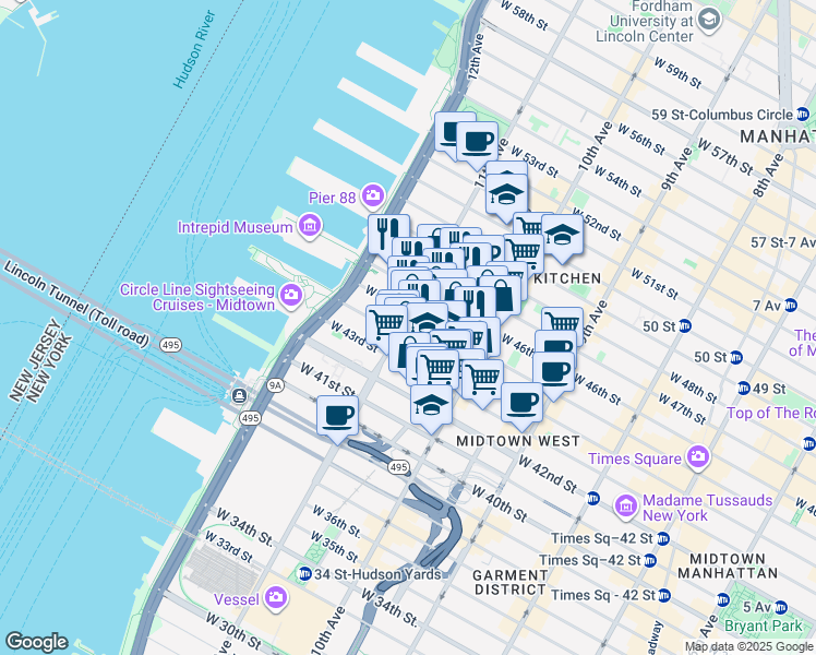 map of restaurants, bars, coffee shops, grocery stores, and more near 667 West 44th Street in New York
