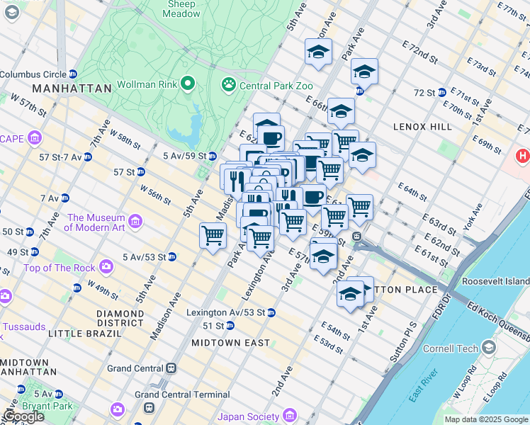 map of restaurants, bars, coffee shops, grocery stores, and more near 485 Park Avenue in New York