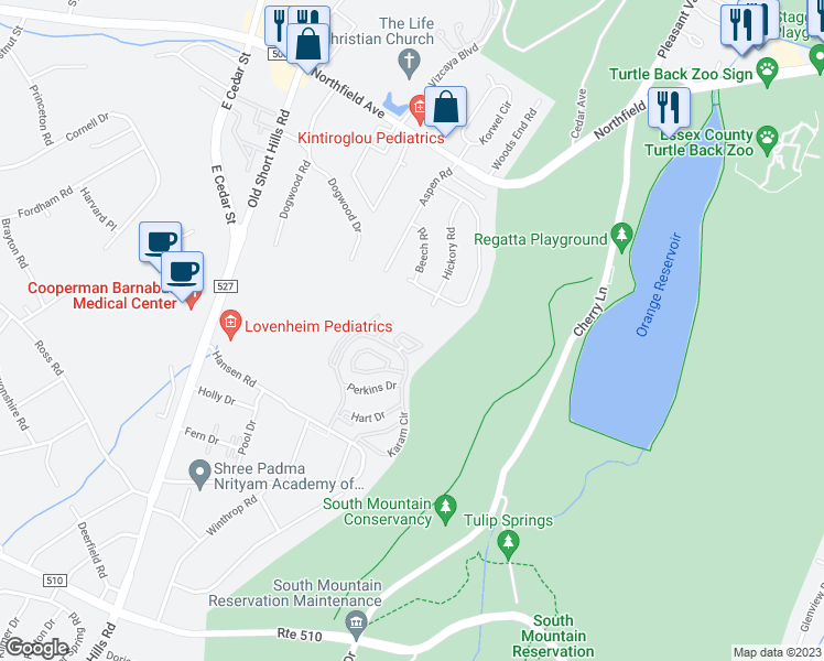 map of restaurants, bars, coffee shops, grocery stores, and more near 40 Paris Circle in West Orange