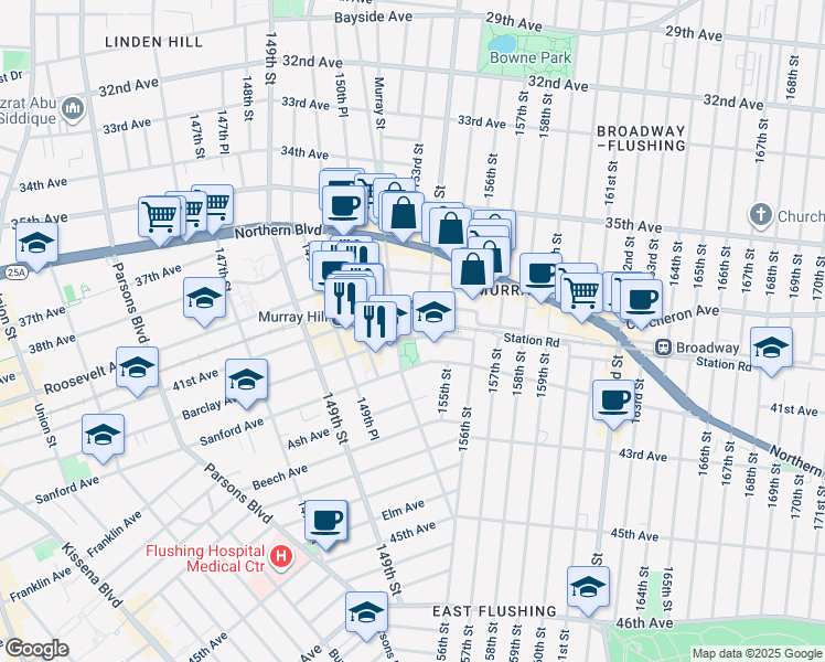map of restaurants, bars, coffee shops, grocery stores, and more near 153-11 Barclay Avenue in Queens