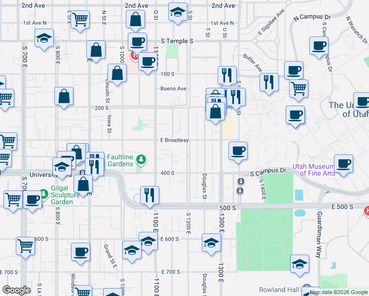 map of restaurants, bars, coffee shops, grocery stores, and more near 305 South 1200 East in Salt Lake City