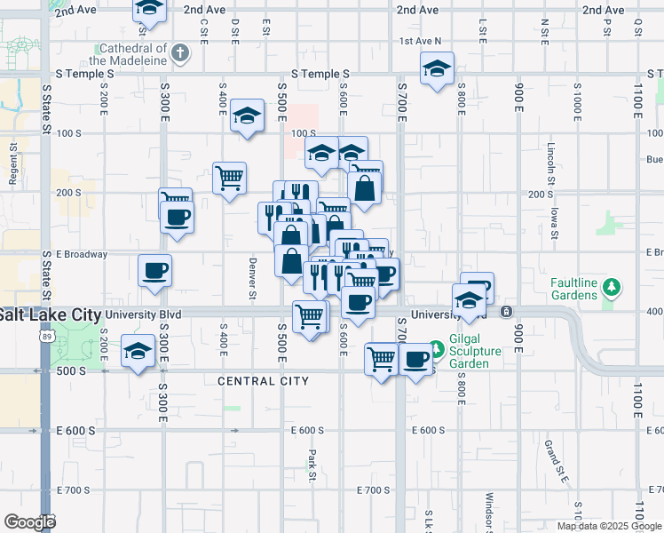 map of restaurants, bars, coffee shops, grocery stores, and more near 564 East 300 South in Salt Lake City