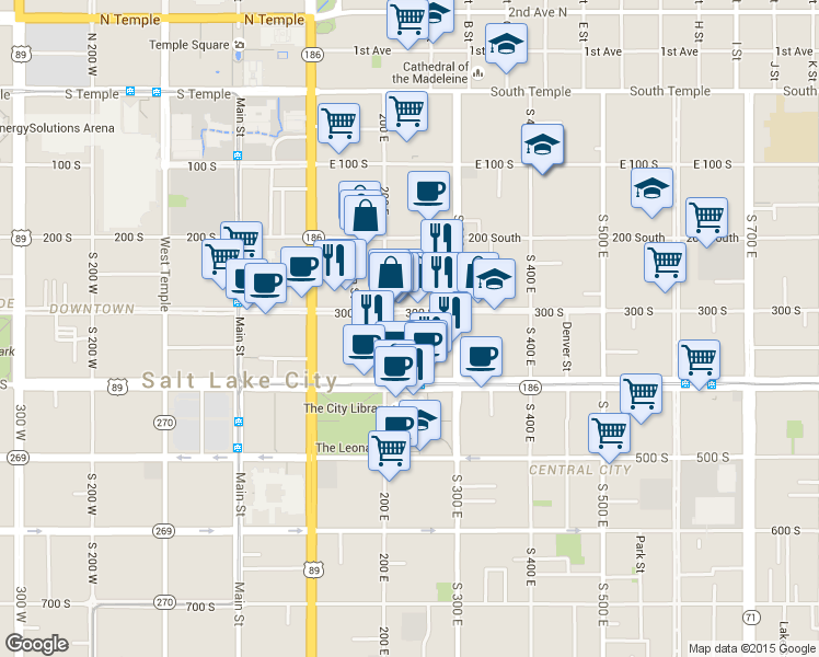 map of restaurants, bars, coffee shops, grocery stores, and more near 200 East 300 South in Salt Lake City
