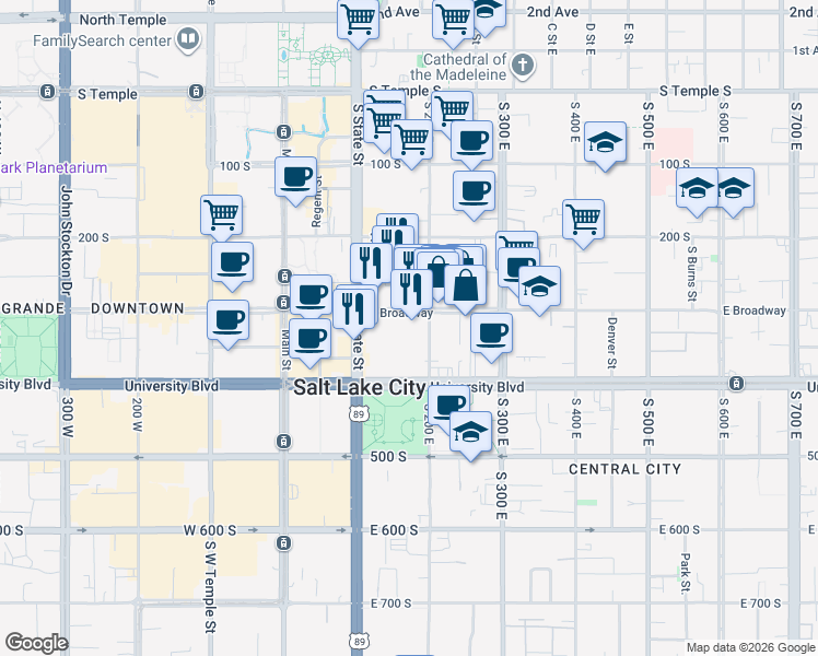 map of restaurants, bars, coffee shops, grocery stores, and more near 160 East Broadway in Salt Lake City