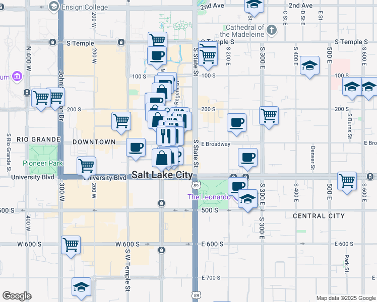 map of restaurants, bars, coffee shops, grocery stores, and more near 48 East Broadway in Salt Lake City