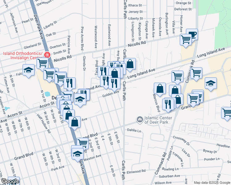 map of restaurants, bars, coffee shops, grocery stores, and more near 11 Golden Avenue in Deer Park