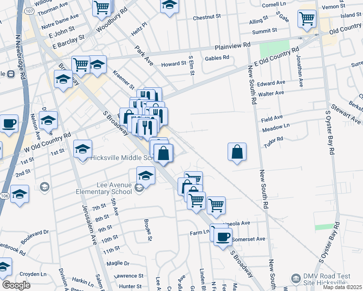 map of restaurants, bars, coffee shops, grocery stores, and more near 5 Lawnside Drive in Hicksville
