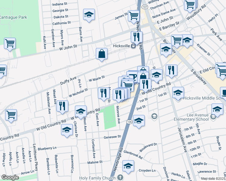 map of restaurants, bars, coffee shops, grocery stores, and more near 83 Morgan Street in Hicksville