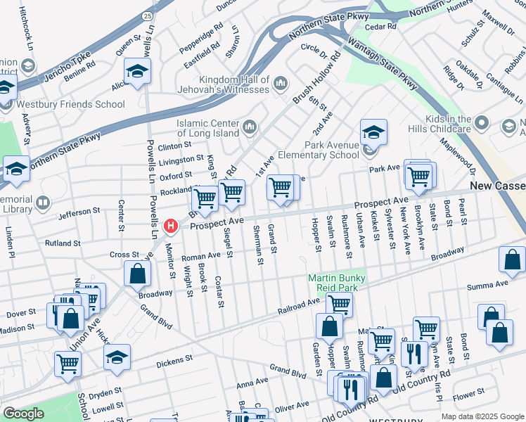 map of restaurants, bars, coffee shops, grocery stores, and more near 345 Sherman Street in Westbury