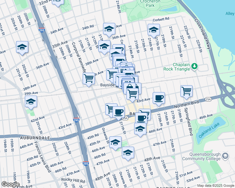 map of restaurants, bars, coffee shops, grocery stores, and more near 212-16 42nd Avenue in Queens