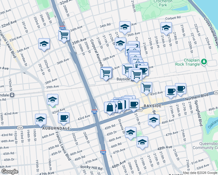 map of restaurants, bars, coffee shops, grocery stores, and more near 40-05 209th Street in Queens