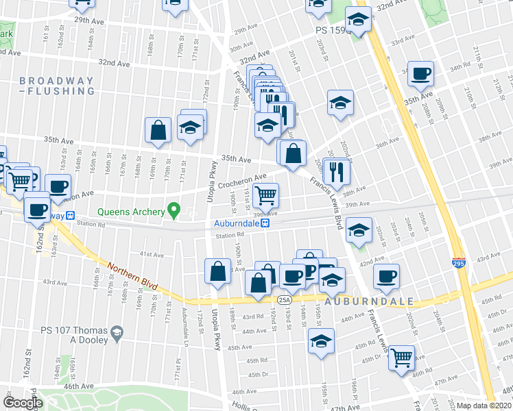 map of restaurants, bars, coffee shops, grocery stores, and more near 191-15 37th Avenue in Queens