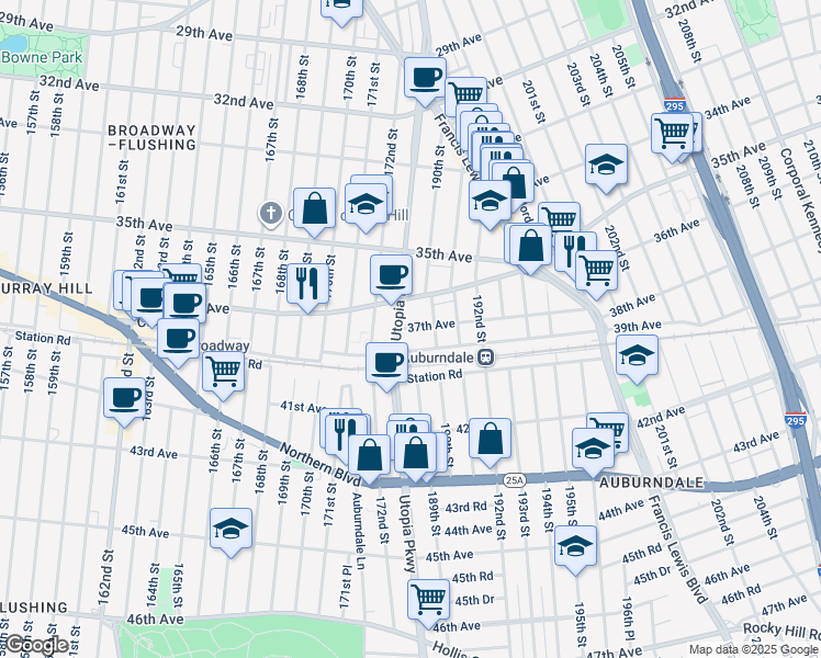 map of restaurants, bars, coffee shops, grocery stores, and more near 189-15 37th Avenue in Queens