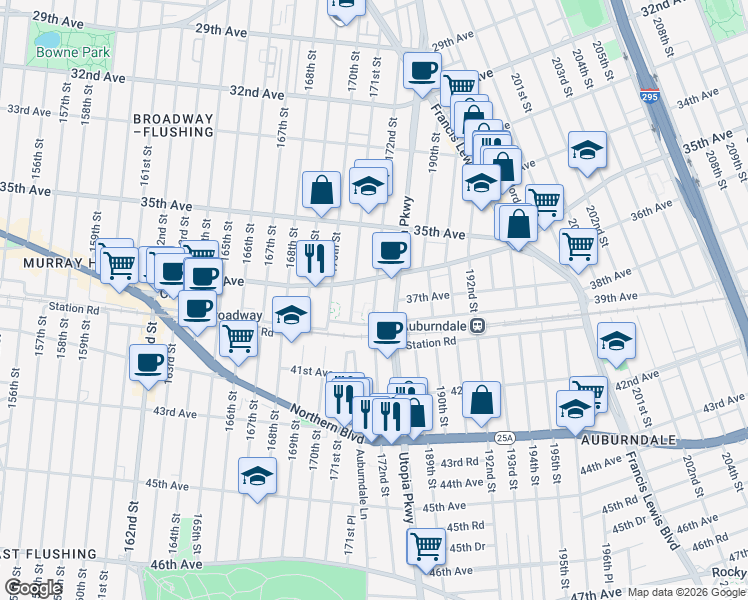 map of restaurants, bars, coffee shops, grocery stores, and more near 36-17 172nd Street in Queens
