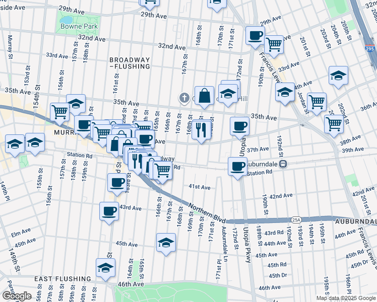 map of restaurants, bars, coffee shops, grocery stores, and more near 167-10 Crocheron Avenue in Queens