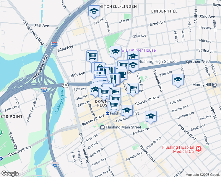 map of restaurants, bars, coffee shops, grocery stores, and more near 136-33 37th Avenue in Queens
