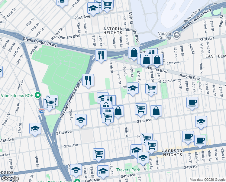 map of restaurants, bars, coffee shops, grocery stores, and more near 76-18 25th Avenue in Queens