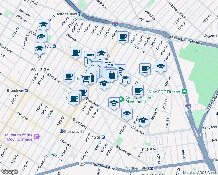 map of restaurants, bars, coffee shops, grocery stores, and more near 30-28 42nd Street in Queens