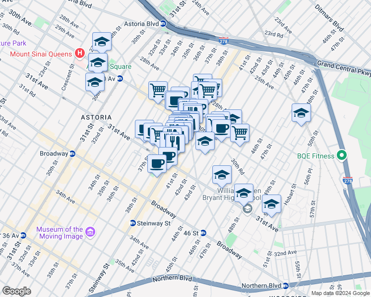 map of restaurants, bars, coffee shops, grocery stores, and more near 30-49 Steinway Street in Queens