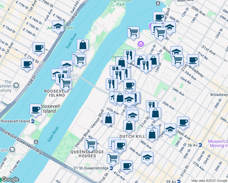 map of restaurants, bars, coffee shops, grocery stores, and more near in Queens