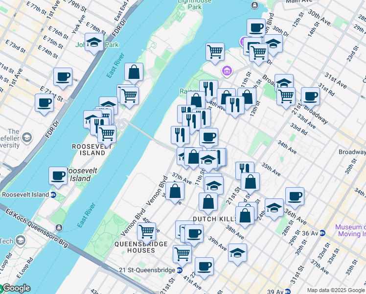map of restaurants, bars, coffee shops, grocery stores, and more near in Queens