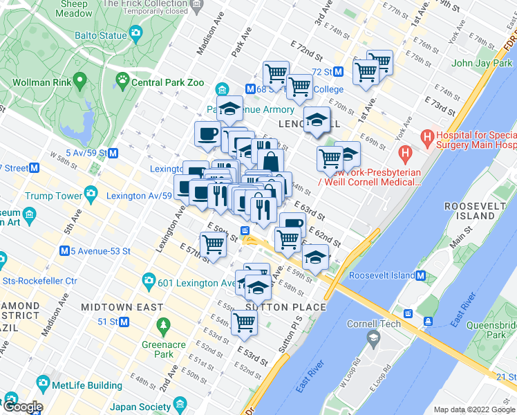 map of restaurants, bars, coffee shops, grocery stores, and more near 248 East 62nd Street in New York