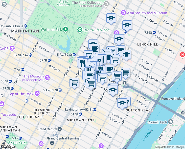 map of restaurants, bars, coffee shops, grocery stores, and more near in New York