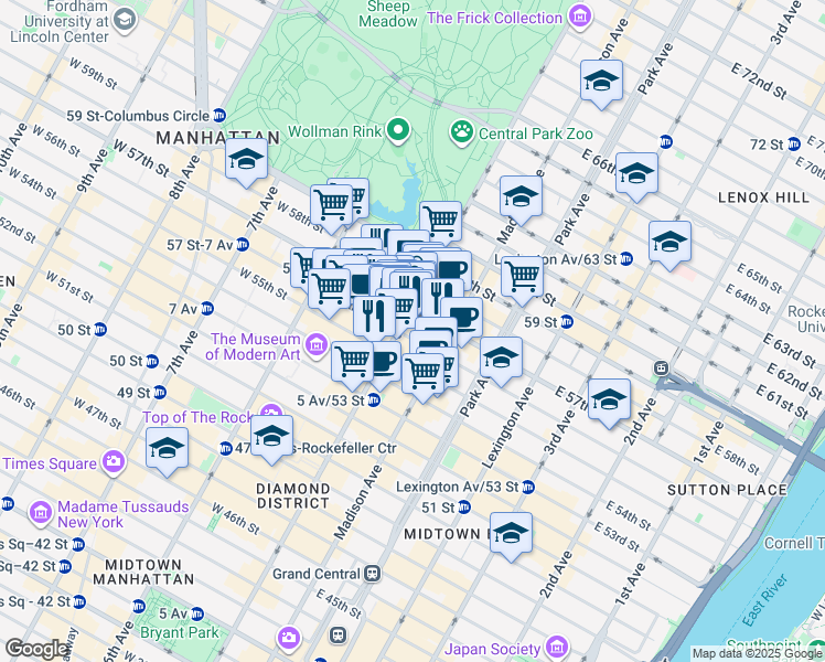 map of restaurants, bars, coffee shops, grocery stores, and more near 65 East 55th Street in New York
