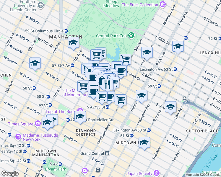 map of restaurants, bars, coffee shops, grocery stores, and more near 12 West 56th Street in New York