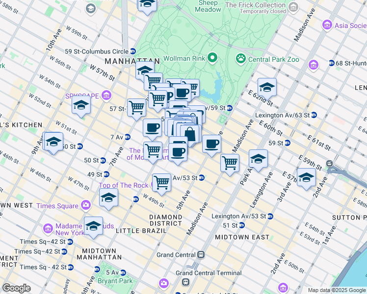 map of restaurants, bars, coffee shops, grocery stores, and more near 48 West 55th Street in New York
