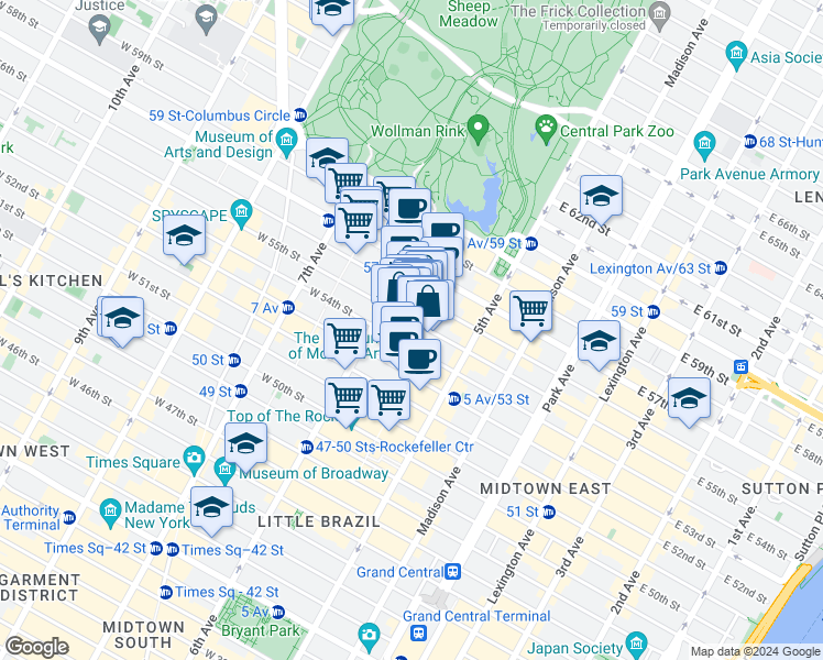 map of restaurants, bars, coffee shops, grocery stores, and more near 48 West 55th Street in New York