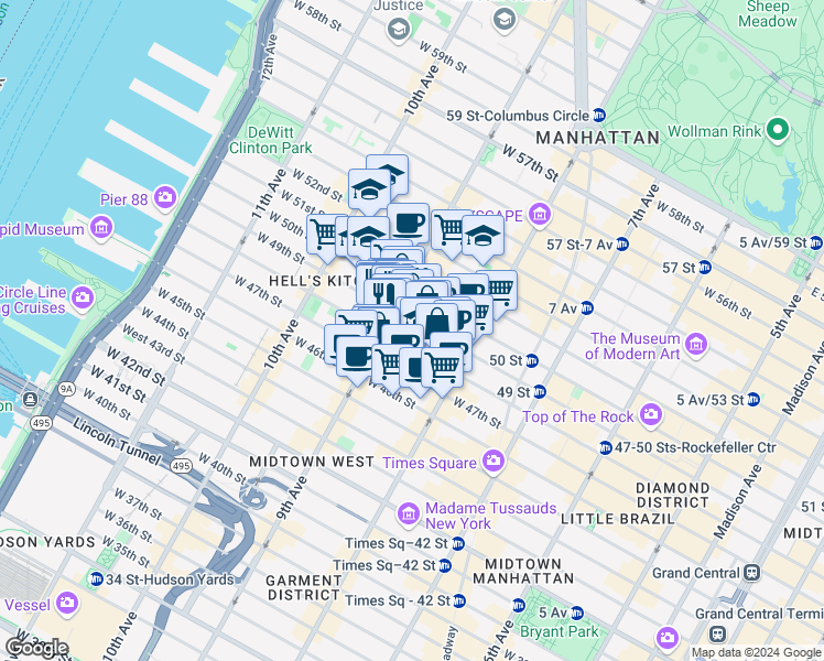 map of restaurants, bars, coffee shops, grocery stores, and more near 355 West 49th Street in New York