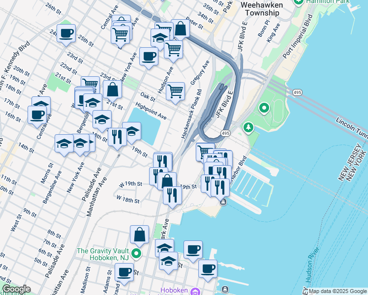 map of restaurants, bars, coffee shops, grocery stores, and more near 65 Hackensack Avenue in Weehawken