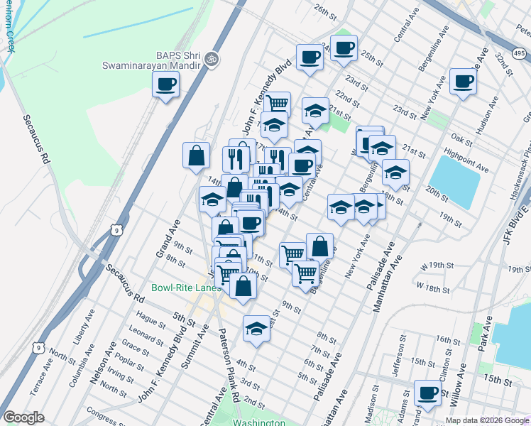 map of restaurants, bars, coffee shops, grocery stores, and more near 811 14th Street in Union City