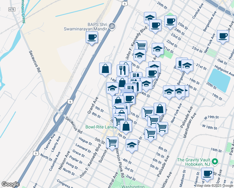 map of restaurants, bars, coffee shops, grocery stores, and more near in North Bergen