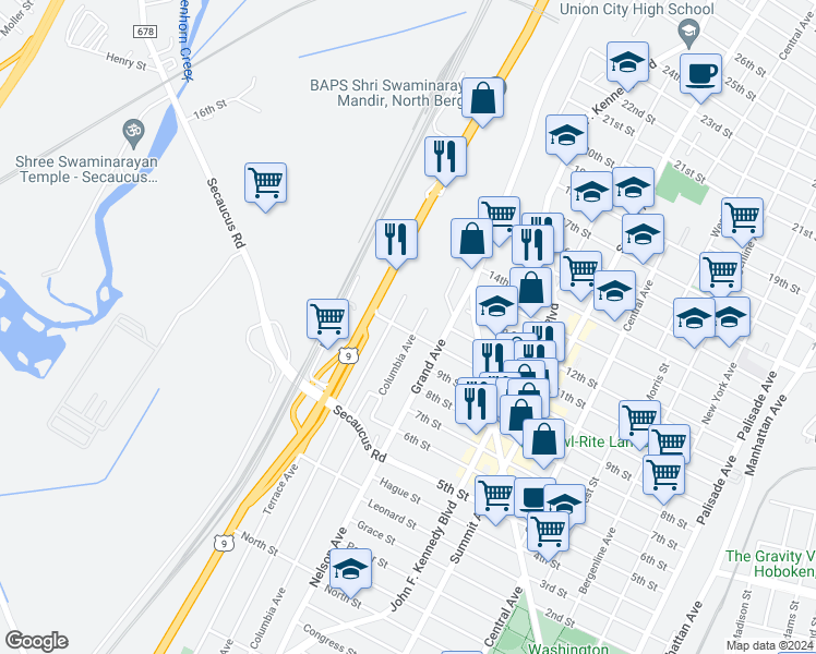 map of restaurants, bars, coffee shops, grocery stores, and more near 1011 Columbia Avenue in North Bergen