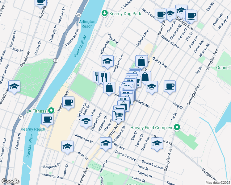 map of restaurants, bars, coffee shops, grocery stores, and more near 280 Highland Avenue in Kearny