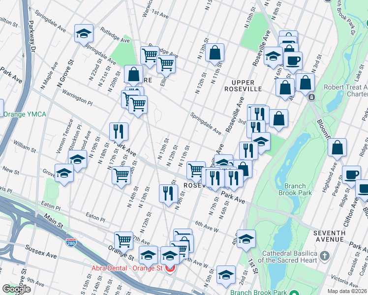 map of restaurants, bars, coffee shops, grocery stores, and more near 180 North 12th Street in Newark