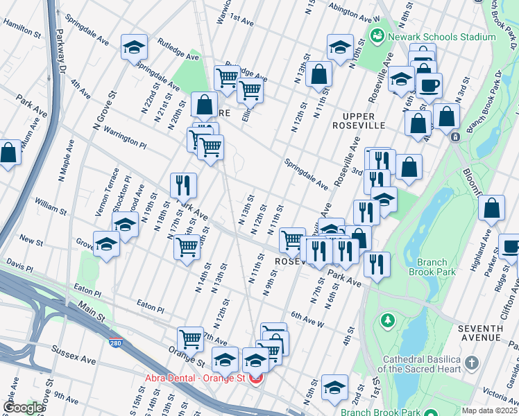 map of restaurants, bars, coffee shops, grocery stores, and more near 180 North 12th Street in Newark