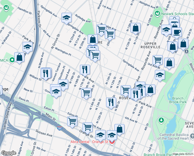 map of restaurants, bars, coffee shops, grocery stores, and more near 201 North 15th Street in East Orange