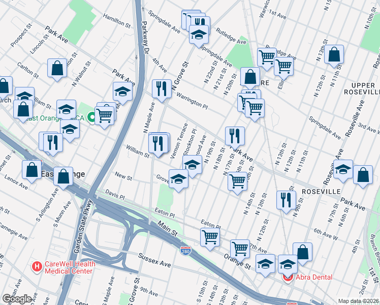 map of restaurants, bars, coffee shops, grocery stores, and more near 42 Stockton Place in East Orange