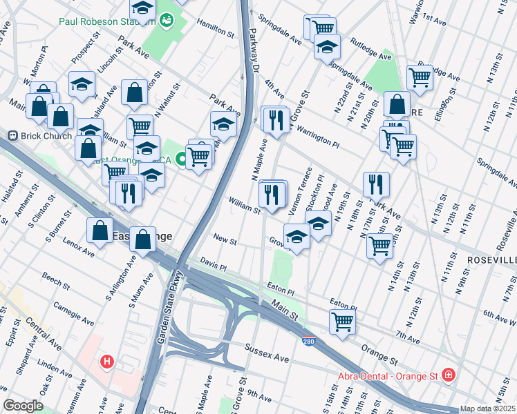 map of restaurants, bars, coffee shops, grocery stores, and more near in East Orange