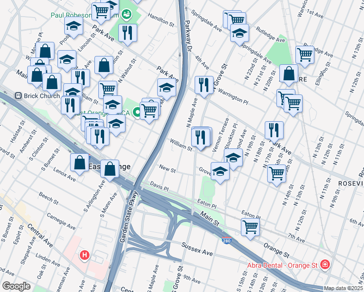 map of restaurants, bars, coffee shops, grocery stores, and more near 238 William Street in East Orange