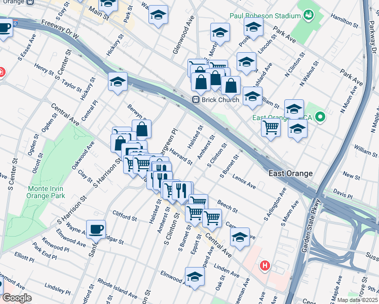 map of restaurants, bars, coffee shops, grocery stores, and more near 115 Halsted Street in East Orange