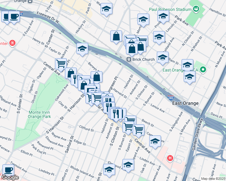 map of restaurants, bars, coffee shops, grocery stores, and more near 100 Evergreen Place in East Orange