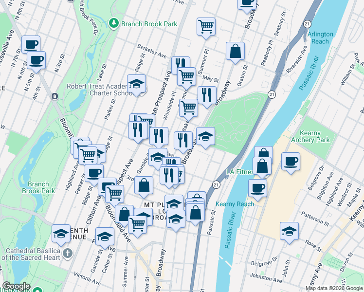 map of restaurants, bars, coffee shops, grocery stores, and more near 20 Wakeman Avenue in Newark