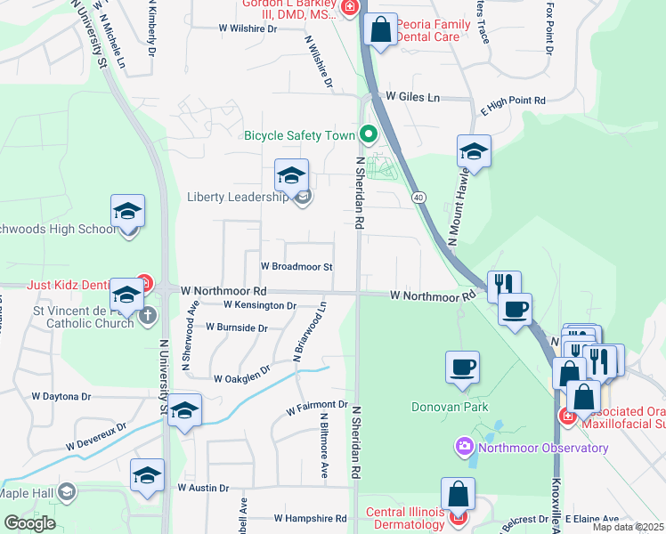 map of restaurants, bars, coffee shops, grocery stores, and more near 6125 North Lexington Drive in Peoria