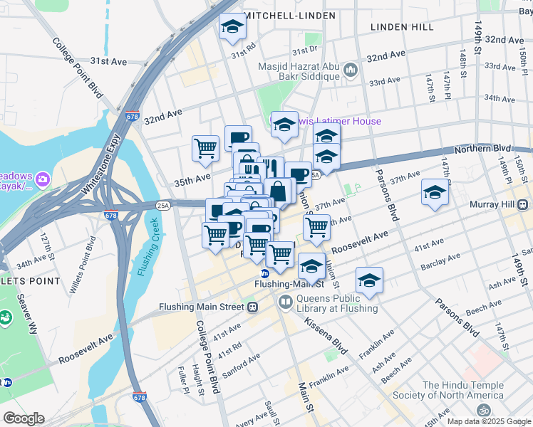 map of restaurants, bars, coffee shops, grocery stores, and more near 136-35 37th Ave in Queens