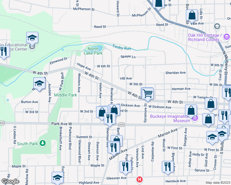 map of restaurants, bars, coffee shops, grocery stores, and more near 136 Rowland Avenue in Mansfield